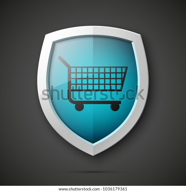 Protected guard shield & supermarket trolley\
icon. Security Shopping cart label. Safety badge supermarket\
trolley icon. Privacy banner shield. Defense tag. Presentation\
sticker shape. Safeguard\
shield