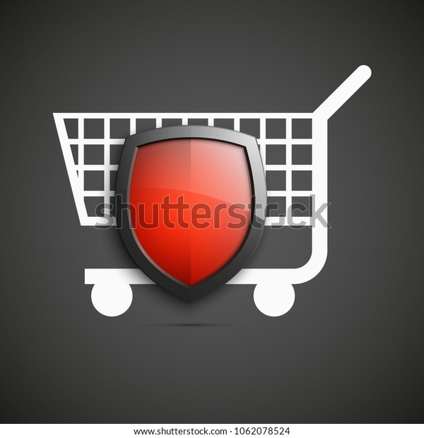 Protected guard shield & supermarket trolley\
icon. Security Shopping cart label. Safety badge supermarket\
trolley icon. Privacy banner shield. Defense tag. Presentation\
sticker shape. Safeguard\
shield