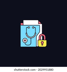 Protected health information RGB color icon for dark theme. Medical history security. Patient privacy. Isolated vector illustration on night mode background. Simple filled line drawing on black