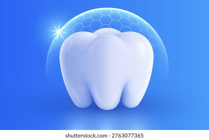 Protected healthy tooth with a shield on blue background, representing dental care and oral hygiene. Vector illustration.