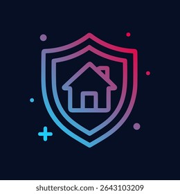 Protected home within a shimmering shield. Icon symbol illustration