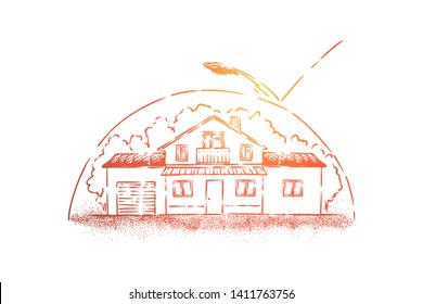 Protected house metaphor, cottage under protective arch. Dwelling place defense during atomic, nuclear war, asteroid threat, ozone layer in danger concept sketch. Hand drawn vector illustration