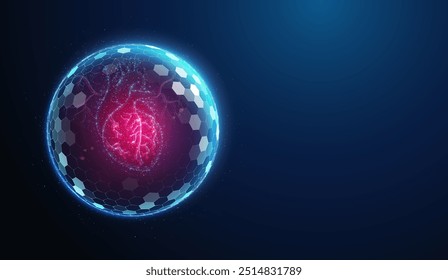 Ilustração protetora do vetor do coração humano feita de partículas de néon. A arte conceitual da assistência médica do coração em estilo abstrato moderno consiste de pontos coloridos.