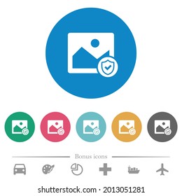 Iconos de color blanco plano de imagen protegida en fondos de color redondo. 6 iconos de bonificación incluidos.