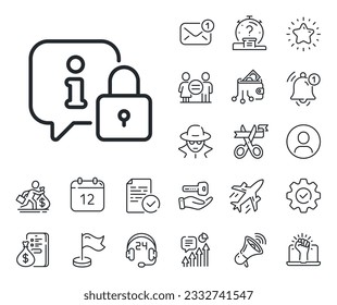 Signo de información protegida. Salaryman, igualdad de género e iconos de la descripción de timbre. Icono de línea de bloqueo. Padlock con burbuja de discurso de información. Bloquear la señal de la línea. Icono de marcador de posición de perfil o espía. Vector