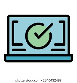 Vector de contorno de icono de portátil protegido. Datos seguros. Color de seguridad del cortafuegos