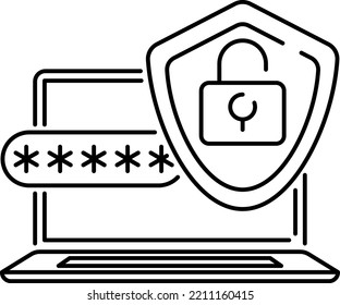 Protected Laptop With Shield, Lock And Password Icon. Laptop Computer Graphic Icon Isolated On A White Background. Vector.