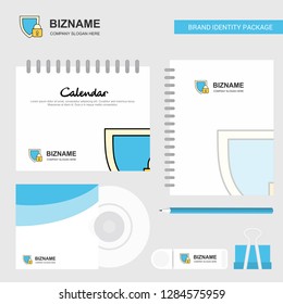 Protected Logo, Calendar Template, CD Cover, Diary and USB Brand Stationary Package Design Vector Template