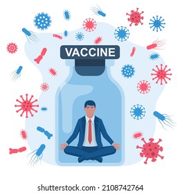 A protected man in a lotus pose is sitting in a safe place. Vaccine coronavirus concept. Medicine in bottle. Injection from viruses COVID-19. Vector flat cartoon design.