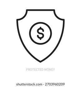 Protected money line icon. Black sign. Dollar coin and shield symbol. Security, secure, protection, safety concept. Business, cash, money, finance. Vector illustration. Editable stroke.