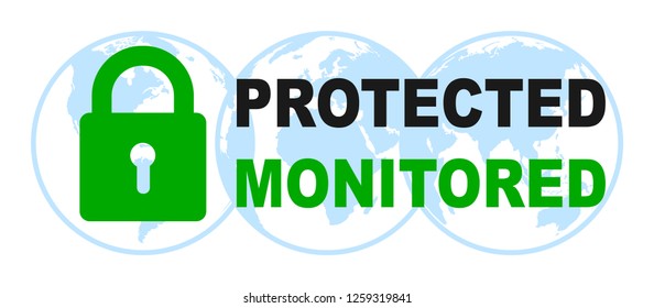 Protected and monitored sign on blue globes - stock vector svg