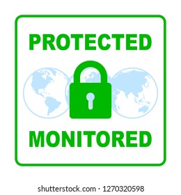 Protected and monitored sign on blue globes - vector