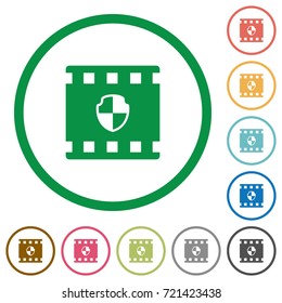 Protected movie flat color icons in round outlines on white background