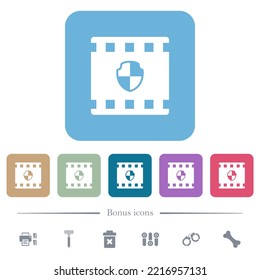 Protected movie white flat icons on color rounded square backgrounds. 6 bonus icons included
