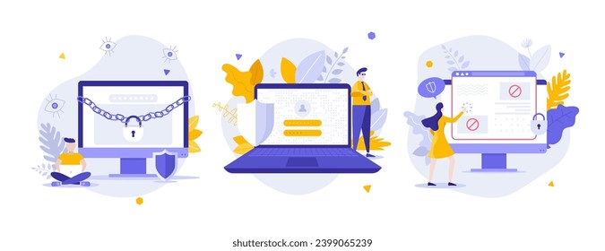 Protected online content flat concept vector illustrations set. Closed access to private servers cartoon composition. Cyber security technology on internet creative idea for website, presentation