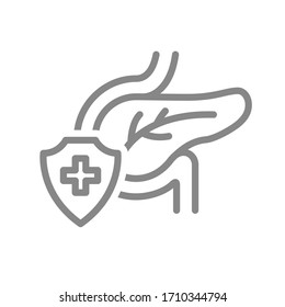 Protected pancreas line icon. First aid for human organ, digestive and endocrine system disease symbol