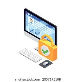 Icono isométrico de datos personales protegidos con imagen vectorial de bloqueo y computadora 3d