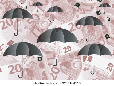 
Protected savings. Background of 50 and 20 euro banknotes in sepia tones and background of open black umbrellas
