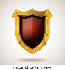 Protected shield with golden frame and safety glass. Realistic style. Isolated background. Network, cyber security or information security concept for poster, web design, banner, icon, logo or badge.