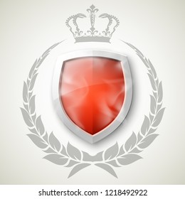 Protected shield wreath crown concept. Safety badge protection garland icon. Privacy corona banner shield. Security label Defense tag. Crown sticker shield. Defense safeguard sign. Vector wreath badge