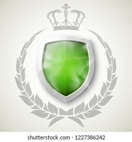 Protected shield wreath crown concept. Safety badge protection garland icon. Privacy corona banner shield. Security label Defense tag. Crown sticker shield. Defense safeguard sign. Vector wreath badge