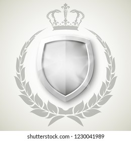 Protected shield wreath crown concept. Safety badge protection garland icon. Privacy corona banner shield. Security label Defense tag. Crown sticker shield. Defense safeguard sign. Vector wreath badge