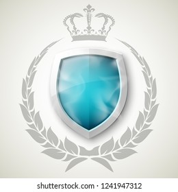 Protected shield wreath crown concept. Safety badge protection garland icon. Privacy corona banner shield. Security label Defense tag. Crown sticker shield. Defense safeguard sign. Vector wreath badge