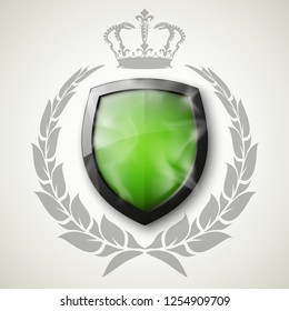 Protected shield wreath crown concept. Safety badge protection garland icon. Privacy corona banner shield. Security label Defense tag. Crown sticker shield. Defense safeguard sign. Vector wreath badge