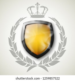 Protected shield wreath crown concept. Safety badge protection garland icon. Privacy corona banner shield. Security label Defense tag. Crown sticker shield. Defense safeguard sign. Vector wreath badge