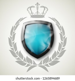 Protected shield wreath crown concept.  Privacy corona banner shield. Security label Defense tag. Crown sticker shield. Defense safeguard sign. Vector wreath badge