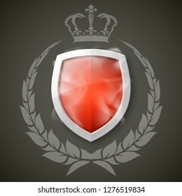 Protected shield wreath crown concept. Safety badge protection garland icon. Privacy corona banner shield. Security label Defense tag. Crown sticker shield. Defense safeguard sign. Vector wreath badge