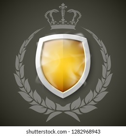 Protected shield wreath crown concept. Safety badge protection garland icon. Privacy corona banner shield. Security label Defense tag. Crown sticker shield. Defense safeguard sign. Vector wreath badge