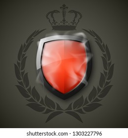 Protected shield wreath crown concept. Safety badge protection garland icon. Privacy corona banner shield. Security label Defense tag. Crown sticker shield. Defense safeguard sign. Vector wreath badge