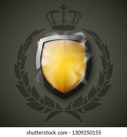 Protected shield wreath crown concept. Safety badge protection garland icon. Privacy corona banner shield. Security label Defense tag. Crown sticker shield. Defense safeguard sign. Vector wreath badge