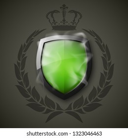 Protected shield wreath crown concept. Safety badge protection garland icon. Privacy corona banner shield. Security label Defense tag. Crown sticker shield. Defense safeguard sign. Vector wreath badge