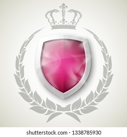 Protected shield wreath crown concept. Safety badge protection garland icon. Privacy corona banner shield. Security label Defense tag. Crown sticker shield. Defense safeguard sign. Vector wreath badge