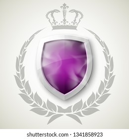 Protected shield wreath crown concept. Safety badge protection garland icon. Privacy corona banner shield. Security label Defense tag. Crown sticker shield. Defense safeguard sign. Vector wreath badge