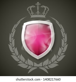 Protected shield wreath crown concept. Safety badge protection garland icon. Privacy corona banner shield. Security label Defense tag. Crown sticker shield. Defense safeguard sign. Vector wreath badge