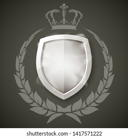 Protected shield wreath crown concept. Safety badge protection garland icon. Privacy corona banner shield. Security label Defense tag. Crown sticker shield. Defense safeguard sign. Vector wreath badge