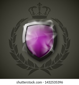 Protected shield wreath crown concept. Safety badge protection garland icon. Privacy corona banner shield. Security label Defense tag. Crown sticker shield. Defense safeguard sign. Vector wreath badge