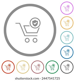 Iconos de color plano de compras protegidos en contornos redondos sobre fondo blanco