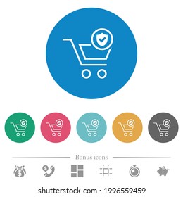 Protegido de la compra de iconos blancos planos sobre fondo de color redondo. 6 iconos de bonificación incluidos.
