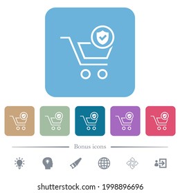 Protected shopping white flat icons on color rounded square backgrounds. 6 bonus icons included