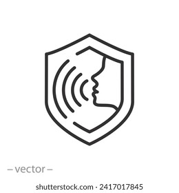 protected speech icon, freedom free voice, shield with speaker human, thin line symbol on white background - editable stroke vector illustration eps10