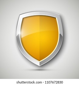 Protected steel guard shield concept. Safety badge steel icon. Privacy metal banner shield. Security metal label. Defense tag. Presentation chrome sticker shape. Defense safeguard shield steel sign