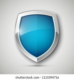 Protected steel guard shield concept. Safety badge steel icon. Privacy metal banner shield. Security metal label. Defense tag. Presentation chrome sticker shape. Defense safeguard shield steel sign