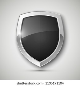 Protected Steel Guard Shield Concept. Safety Badge Steel Icon. Privacy Metal Banner Shield. Security Metal Label. Defense Tag. Presentation Chrome Sticker Shape. Defense Safeguard Shield Steel Sign