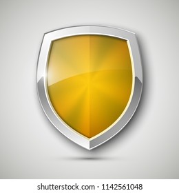 Protected steel guard shield concept. Safety badge steel icon. Privacy metal banner shield. Security metal label. Defense tag. Presentation chrome sticker shape. Defense safeguard shield steel sign