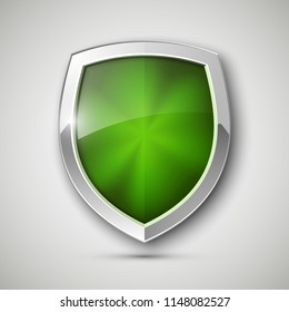 Protected steel guard shield concept. Safety badge steel icon. Privacy metal banner shield. Security metal label. Defense tag. Presentation chrome sticker shape. Defense safeguard shield steel sign