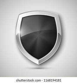 Protected steel guard shield concept. Safety badge steel icon. Privacy metal banner shield. Security metal label. Defense tag. Presentation chrome sticker shape. Defense safeguard shield steel sign